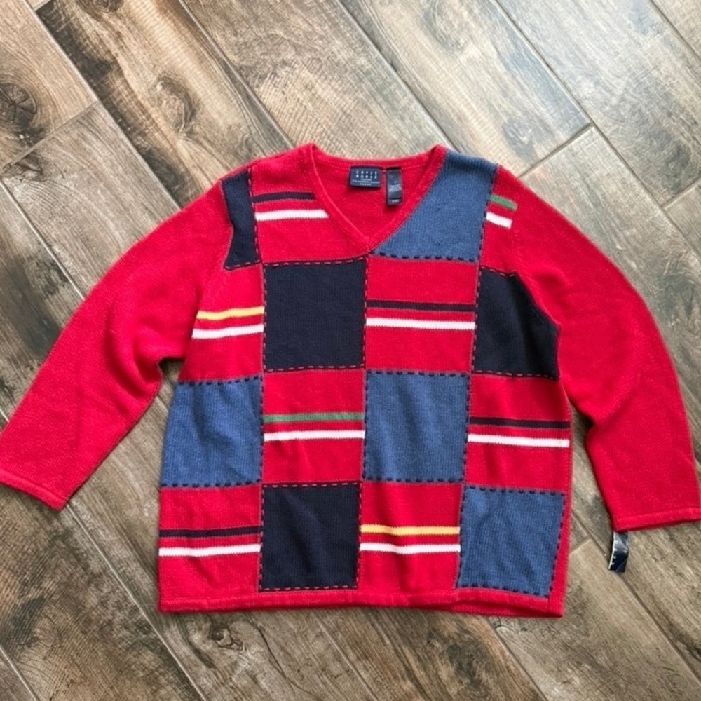 Crazy Horse Vintage Patchwork Crew Neck Knit LS‎ Sweater,Red Blue Navy,2(NWT)